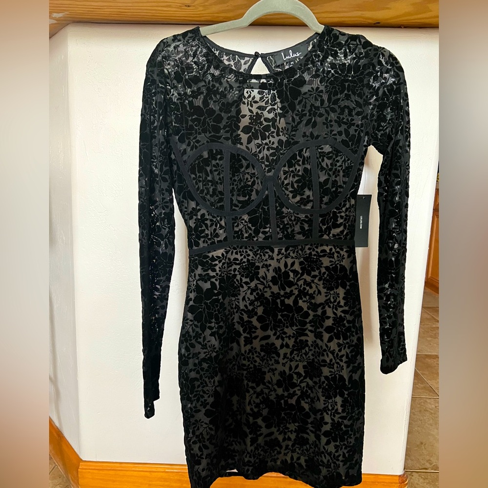 Lulus black long sleeve sheer, velvet, floral print with tan lining
